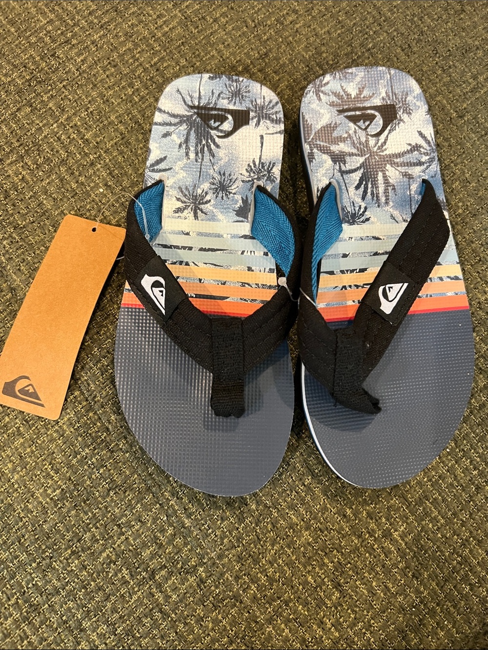 Quiksilver Boys Palm-Print Stripe Flip Flops - Blue/Black/Orange (sz 3)